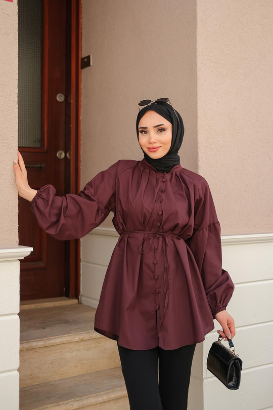 Balon Kol Bel Bağlamalı Gömlek Bordo