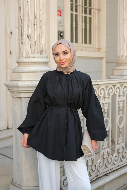 Balon Kol Bel Bağlamalı Gömlek Siyah