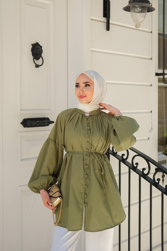 Balon Kol Bel Bağlamalı Gömlek Yeşil