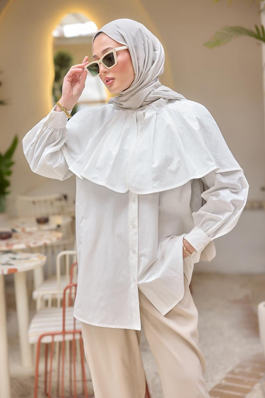 Balon Kol Çift Yaka Gömlek Beyaz