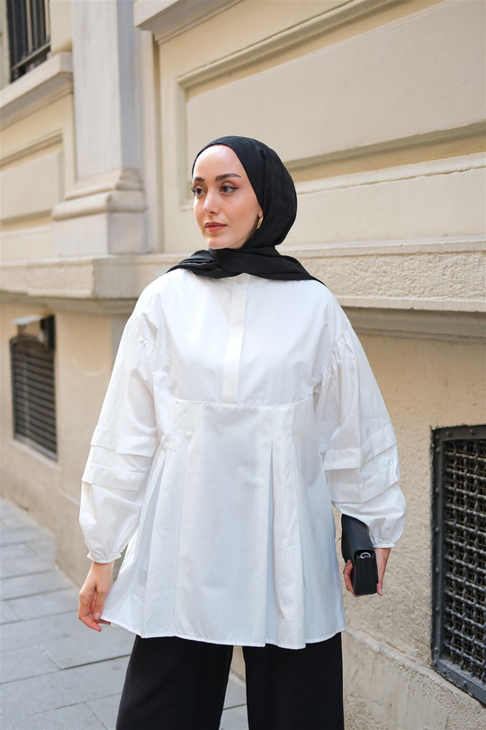 Balon Kol Pile Detaylı Tunik  Beyaz