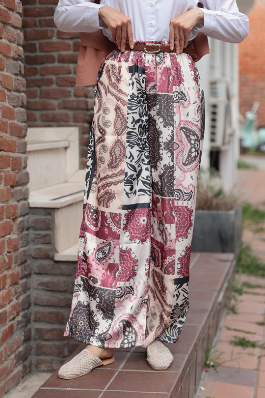 Baskılı Saten Pantolon Bordo