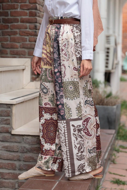 Baskılı Saten Pantolon Kahverengi