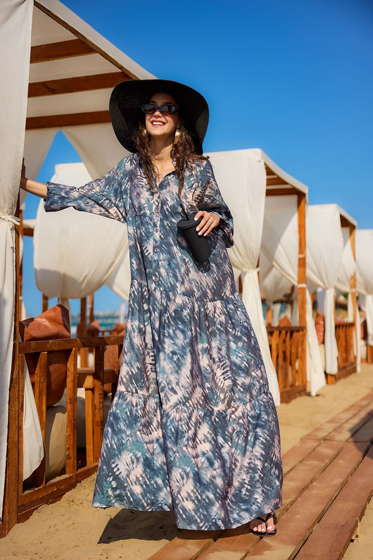 Batik Desen Elbise Petrol Mavi