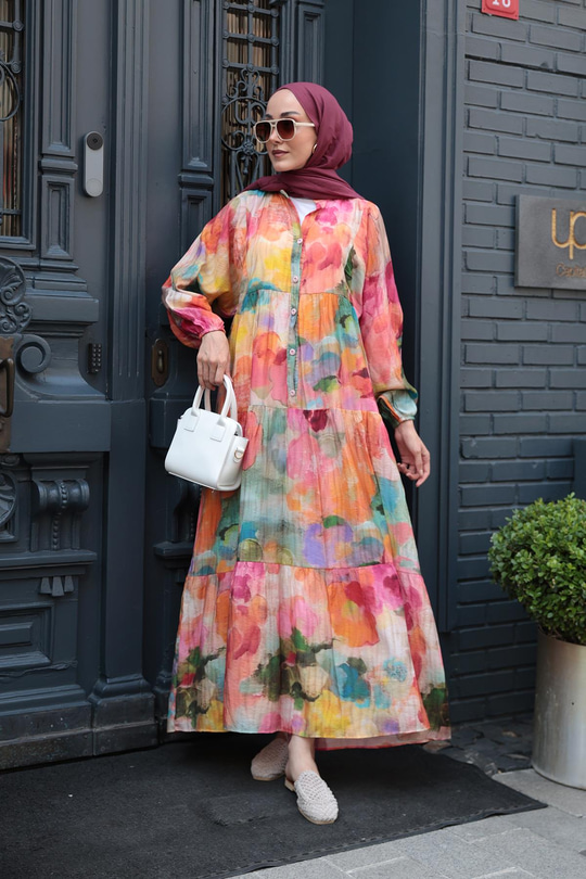 Batik Desenli Elbise Turuncu