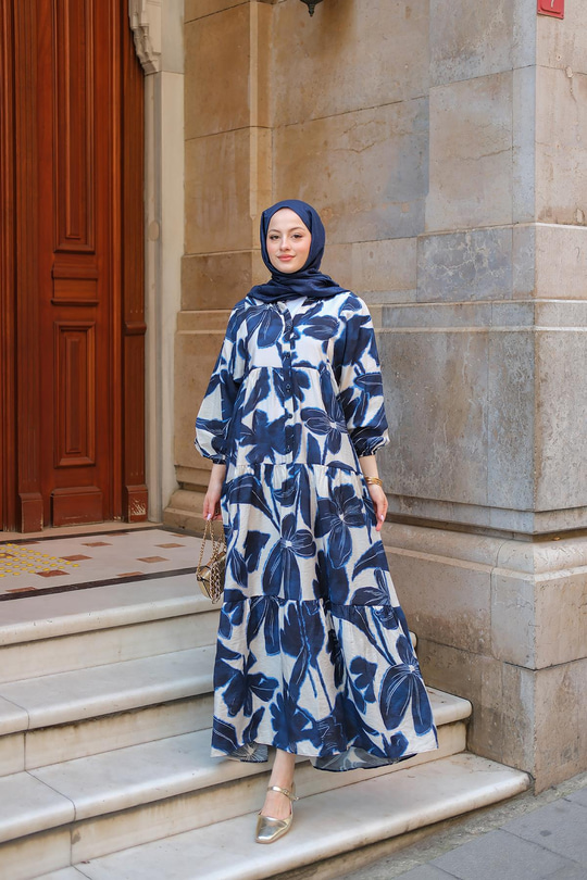 Batik Yaprak Desenli Elbise Lacivert