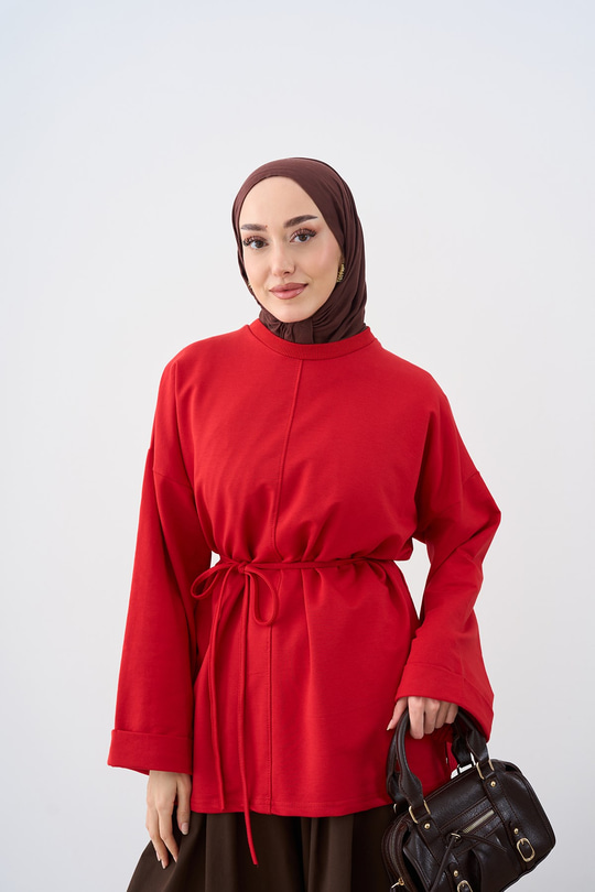 Önü Çima Detay Sweatshirt Kırmızı