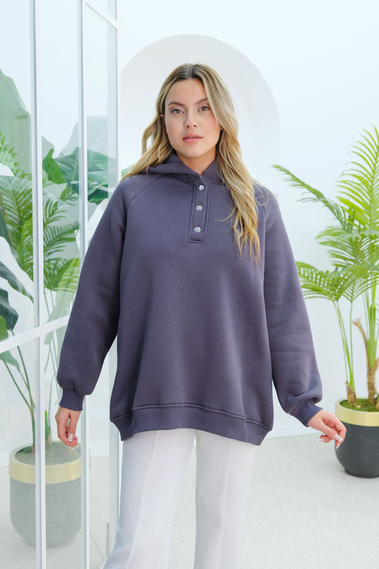 Çıt Çıt Detay Kapüşonlu Sweatshirt Füme