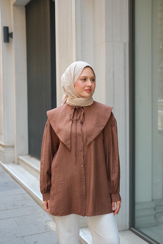 Bebe Yaka Bel Bağlamalı Gömlek Kahverengi