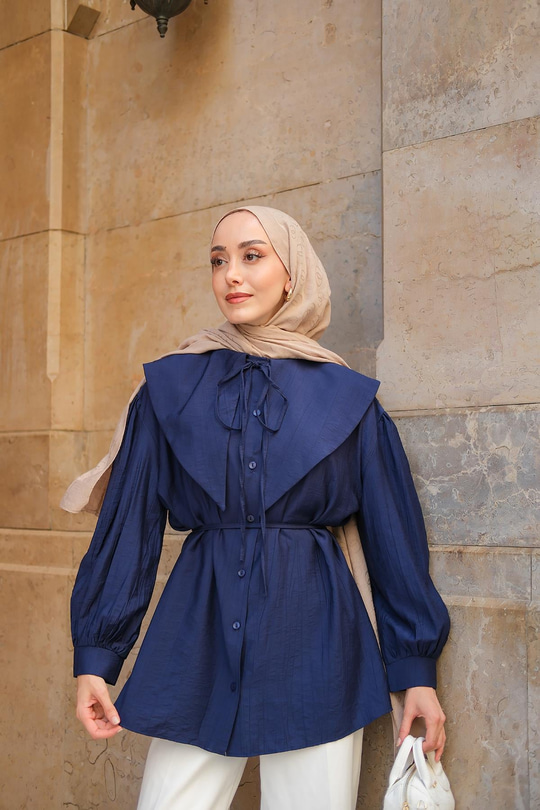 Bebe Yaka Bel Bağlamalı Gömlek Lacivert