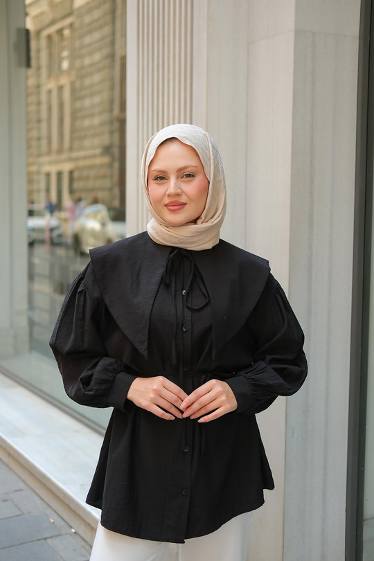 Bebe Yaka Bel Bağlamalı Gömlek Siyah