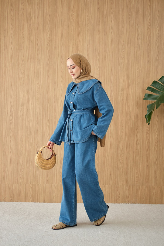 Bebe Yaka Bel Bağlamalı Kot Takım Buz Mavi