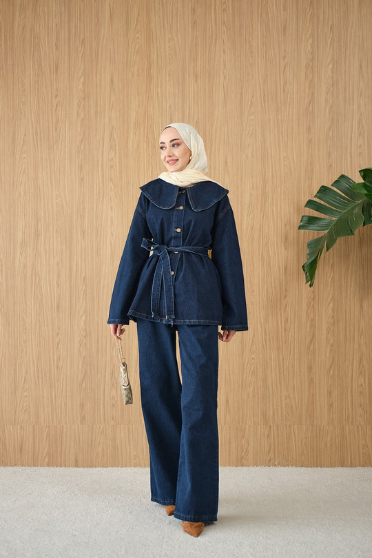 Bebe Yaka Bel Bağlamalı Kot Takım Lacivert