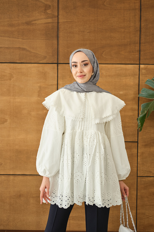 Bebe Yaka Dantel Detay Gömlek Beyaz