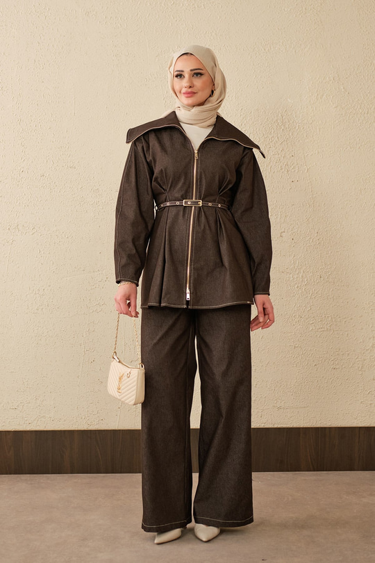 Bebe Yaka Kemer Bağlamalı Fermuarlı Pantolonlu Takım Kahverengi