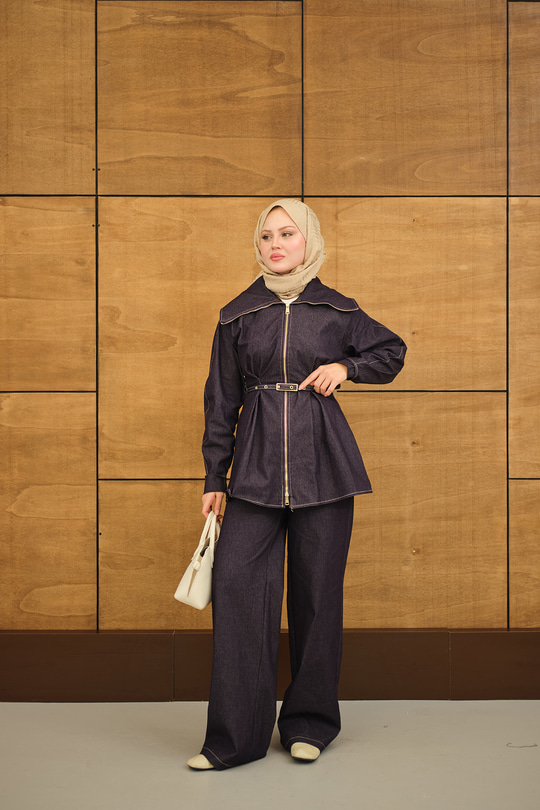 Bebe Yaka Kemer Bağlamalı Fermuarlı Pantolonlu Takım Mor