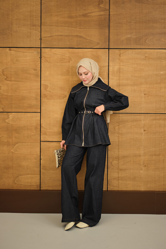 Bebe Yaka Kemer Bağlamalı Fermuarlı Pantolonlu Takım Lacivert