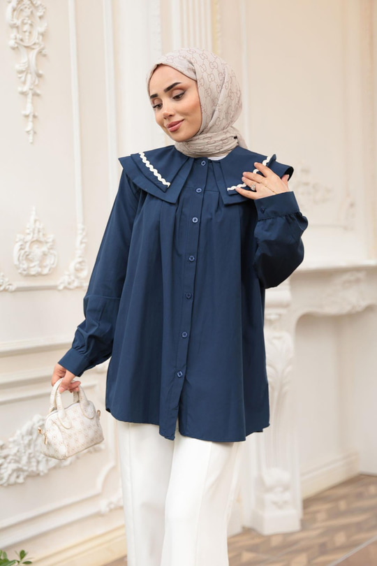Bebe Yaka Şerit Detaylı Gömlek Lacivert