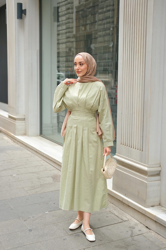 Bel Bağlama Detay Elbise Açık Yeşil