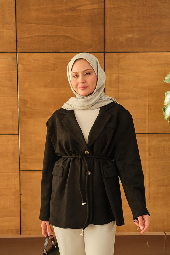 Bel Bağlamalı Blazer Süet Ceket Siyah