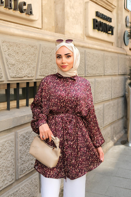 Bel Bağlamalı Desenli Gömlek Bordo