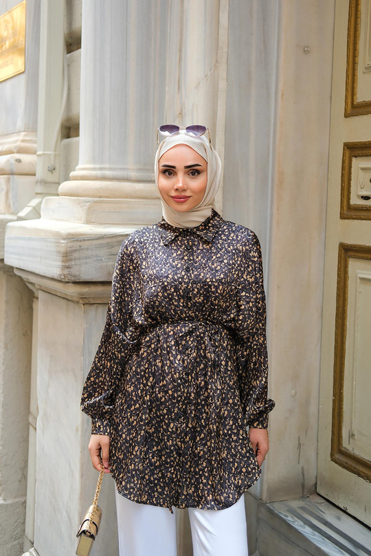Bel Bağlamalı Desenli Gömlek Siyah