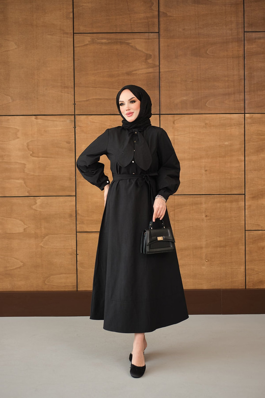 Bel Bağlamalı Elbise Siyah