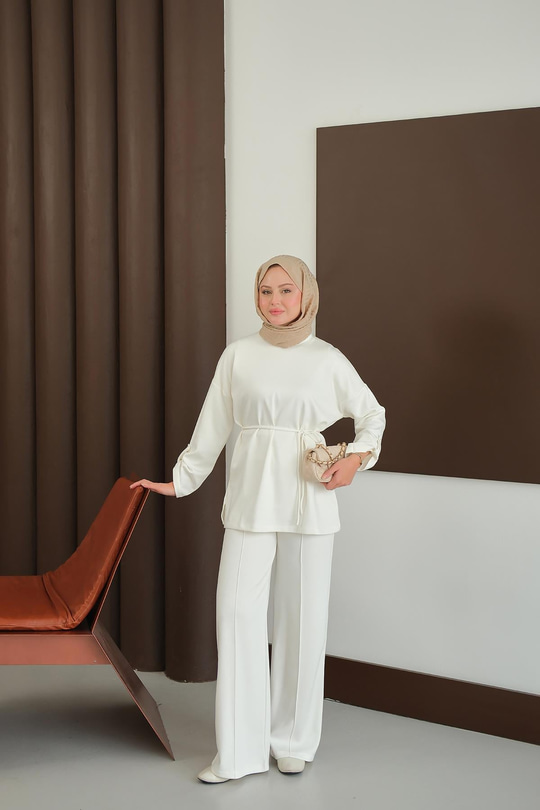 Bel Bağlamalı İkili Takım Ekru
