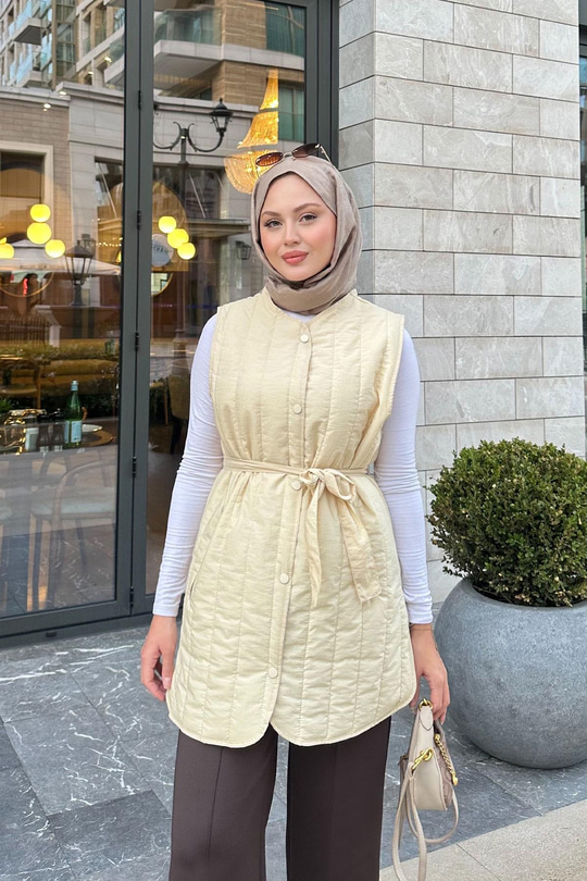 Bel Bağlamalı İnce Yelek Krem