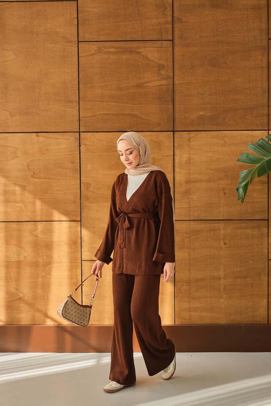 Bel Bağlamalı Kimono Takım Kahverengi