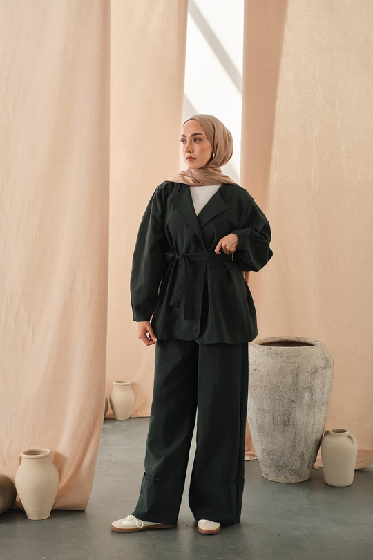 Bel Bağlamalı Kimono Takım Zümrüt Yeşil