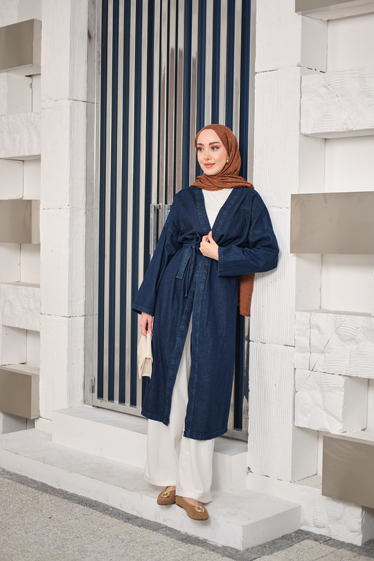 Bel Bağlamalı Midi Boy Kot Trenç Lacivert