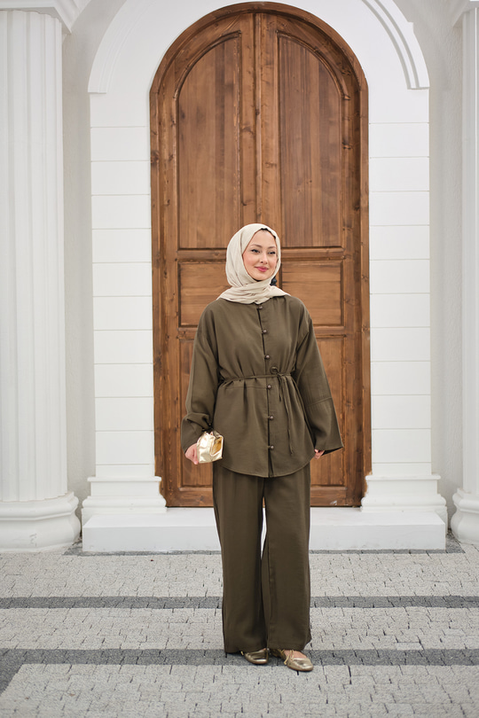 Bel Bağlamalı Top Düğme Detay İkili Takım Haki Yeşil