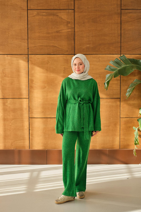 Bel Bağlamalı Triko Takım Yeşil