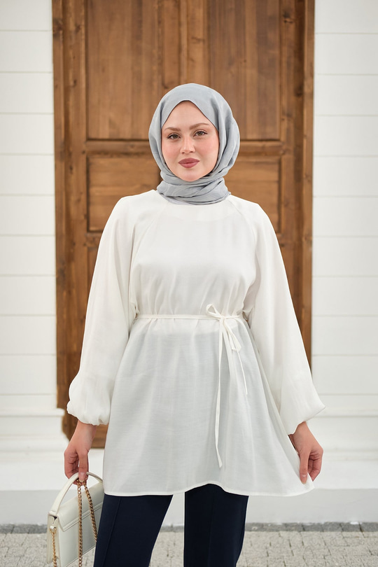 Bel Bağlamalı Tunik Beyaz