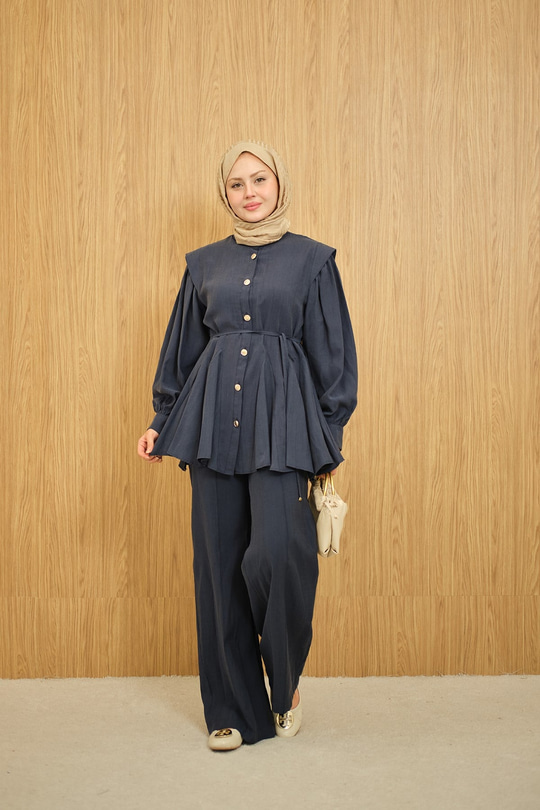 Bel Büzgülü Gold Düğme Detay Pantolonlu Takım Lacivert