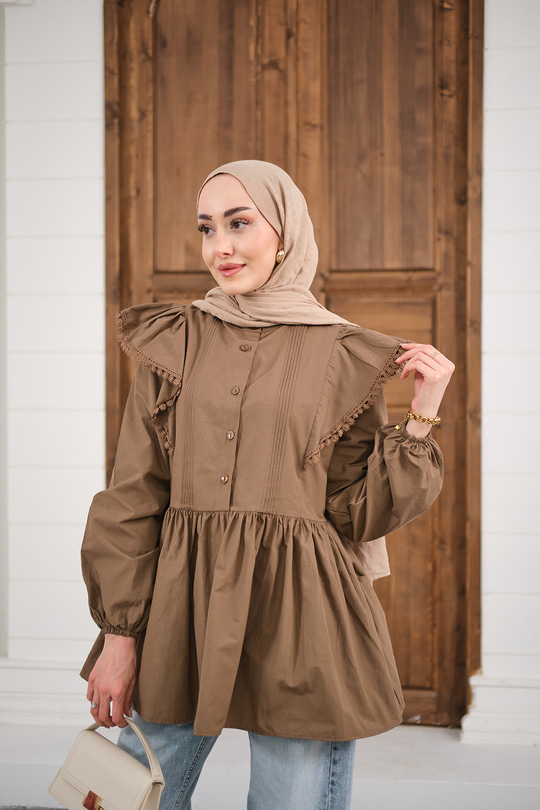 Bel Büzgülü Pile Detay Bisiklet Yaka Gömlek Kahverengi