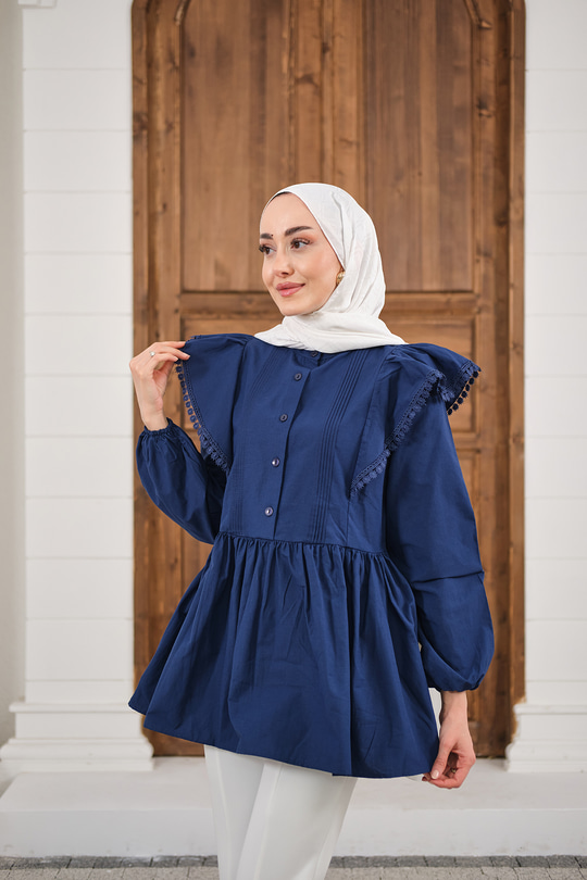 Bel Büzgülü Pile Detay Bisiklet Yaka Gömlek Lacivert