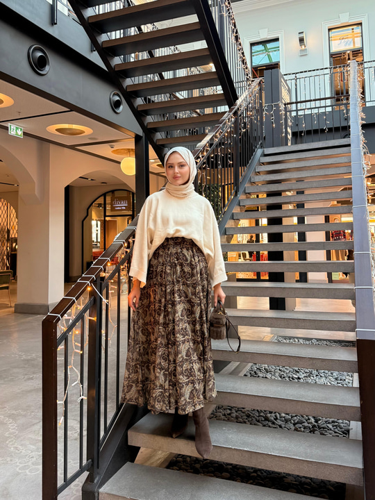 Bel Lastik Detay Etnik Desen Şifon Etek Kahverengi