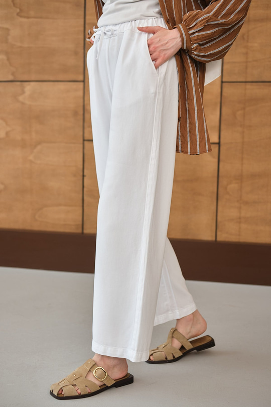 Bel Lastikli Bol Pantolon Beyaz