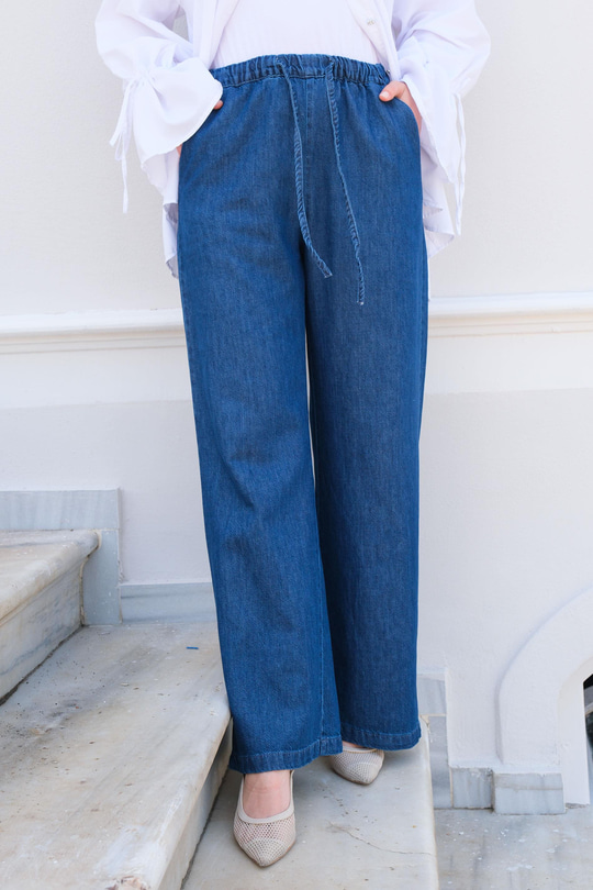 Bel Lastikli Bol Pantolon Koyu Mavi