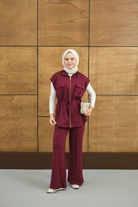 Beli Ayarlanabilir Gold Fermuar Detay Yelekli Takım Mürdüm