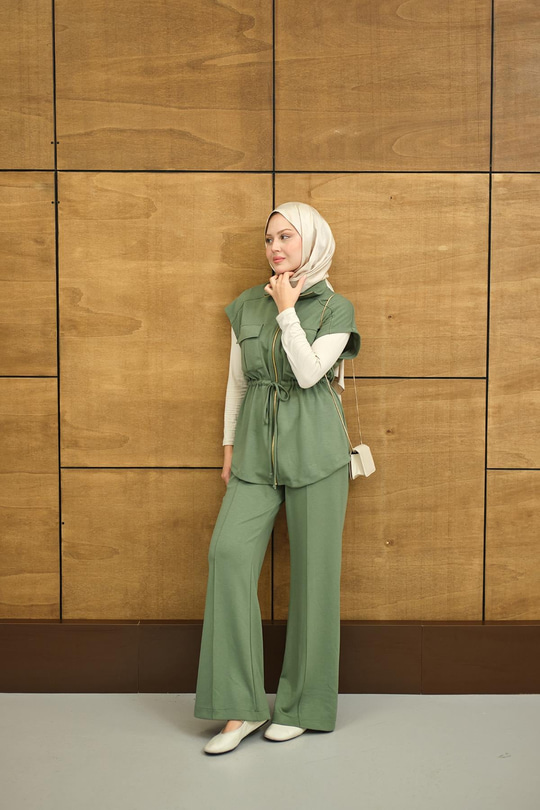 Beli Ayarlanabilir Gold Fermuar Detay Yelekli Takım Haki Yeşil