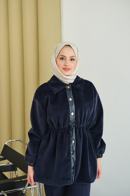 Beli Ayarlanabilir Gömlek Yaka Angora Ceket Lacivert