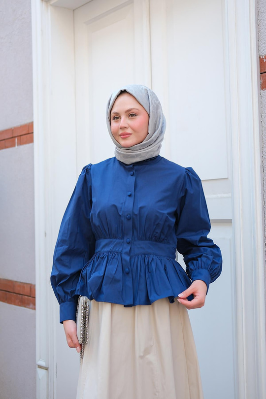 Beli Büzgü Detaylı Gömlek Lacivert