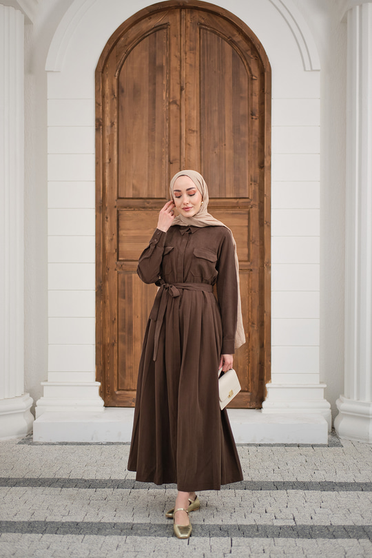 Beli Kuşak Detay Gömlek Elbise Kahverengi
