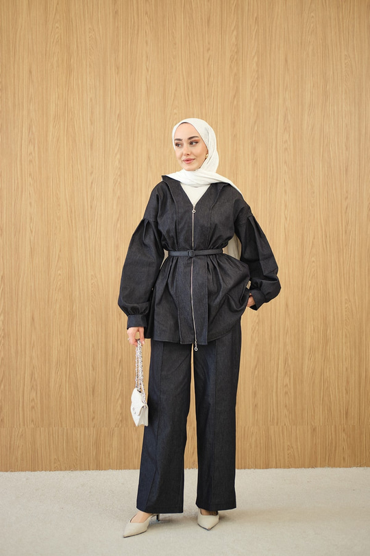 Beli Lastik Detay V Yaka Kemerli Takım Lacivert