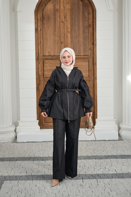 Beli Lastik Detay V Yaka Kemerli Takım Siyah