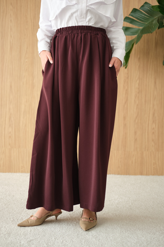 Beli Lastikli Bol Paça Kumaş Pantolon Mürdüm