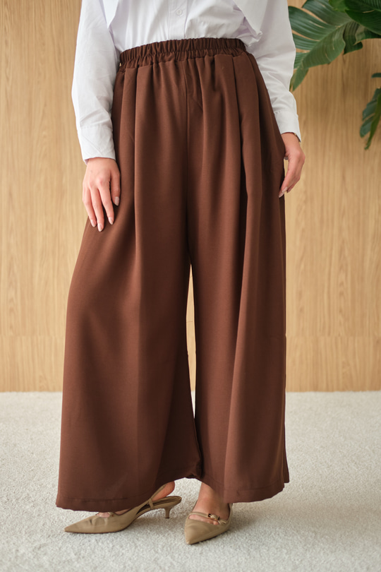 Beli Lastikli Bol Paça Kumaş Pantolon Kahverengi